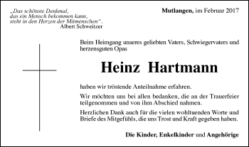 Traueranzeige von Heinz Hartmann von Gmünder Tagespost