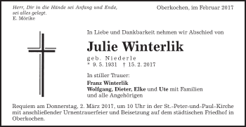 Traueranzeige von Julie Winterlik von Schwäbische Post