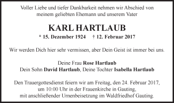 Traueranzeige von Karl Hartlaub von Gmünder Tagespost
