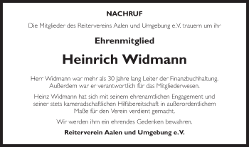 Traueranzeige von Heinrich Widmann von Schwäbische Post