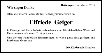 Traueranzeige von Elfriede Geiger von Gmünder Tagespost