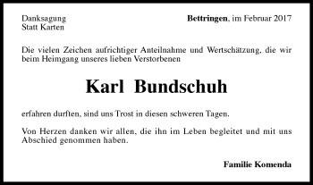 Traueranzeige von Karl Bundschuh von Gmünder Tagespost