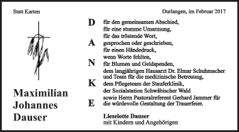 Traueranzeige von Maximilian Johannes Dauser von Gmünder Tagespost