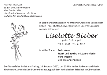 Traueranzeige von Liselotte Bieber von Schwäbische Post