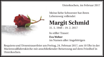 Traueranzeige von Margit Schmid von Schwäbische Post