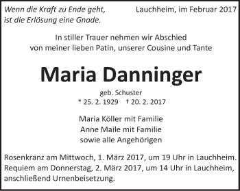 Traueranzeige von Maria Danninger von Schwäbische Post