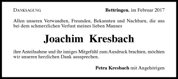 Traueranzeige von Joachim Kresbach von Gmünder Tagespost