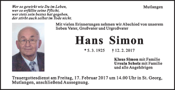 Traueranzeige von Hans Simon von Gmünder Tagespost