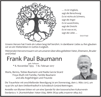 Traueranzeige von Frank Paul Baumann von Gmünder Tagespost