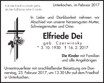 Traueranzeige von Elfriede Dei von Schwäbische Post