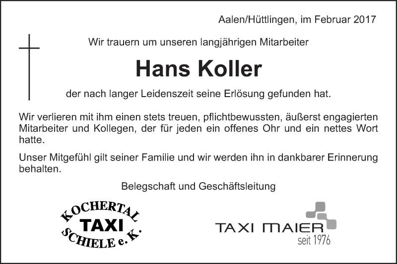  Traueranzeige für Hans-Walter Koller vom 08.02.2017 aus Schwäbische Post