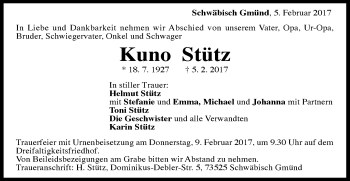 Traueranzeige von Kuno Stütz von Gmünder Tagespost