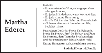 Traueranzeige von Martha Ederer von Gmünder Tagespost