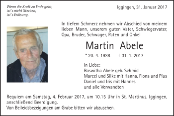 Traueranzeige von Martin Abele von Gmünder Tagespost
