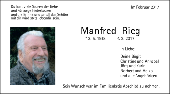 Traueranzeige von Manfred Rieg von Gmünder Tagespost