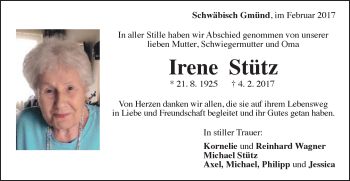 Traueranzeige von Irene Stütz von Gmünder Tagespost