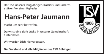 Traueranzeige von Hans-Peter Jaumann von Gmünder Tagespost