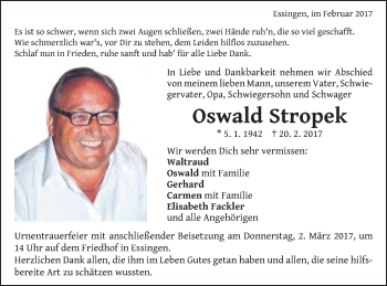 Traueranzeige von Oswald Stropek von Schwäbische Post