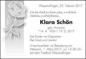 Traueranzeige von Klara Schön 