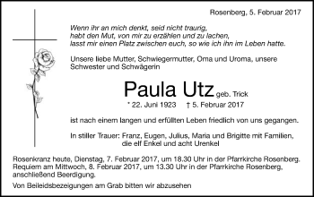 Traueranzeige von Paula Utz von Schwäbische Post