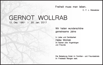 Traueranzeige von Gernot Wollrab von Gmünder Tagespost