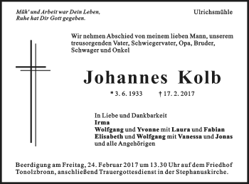 Traueranzeige von Johannes Kolb von Gmünder Tagespost