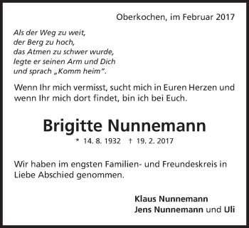 Traueranzeige von Brigitte Nunnemann von Schwäbische Post