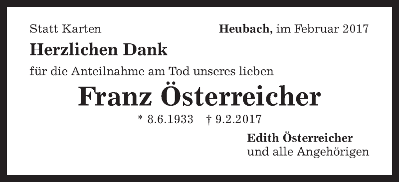  Traueranzeige für Franz Österreicher vom 21.02.2017 aus Gmünder Tagespost