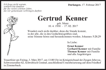 Traueranzeige von Gertrud Kenner von Gmünder Tagespost