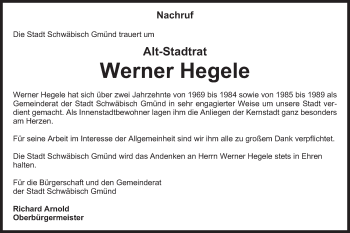 Traueranzeige von Werner Hegele von Gmünder Tagespost