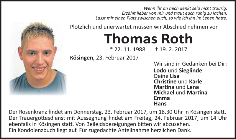  Traueranzeige für Thomas Roth vom 23.02.2017 aus Schwäbische Post