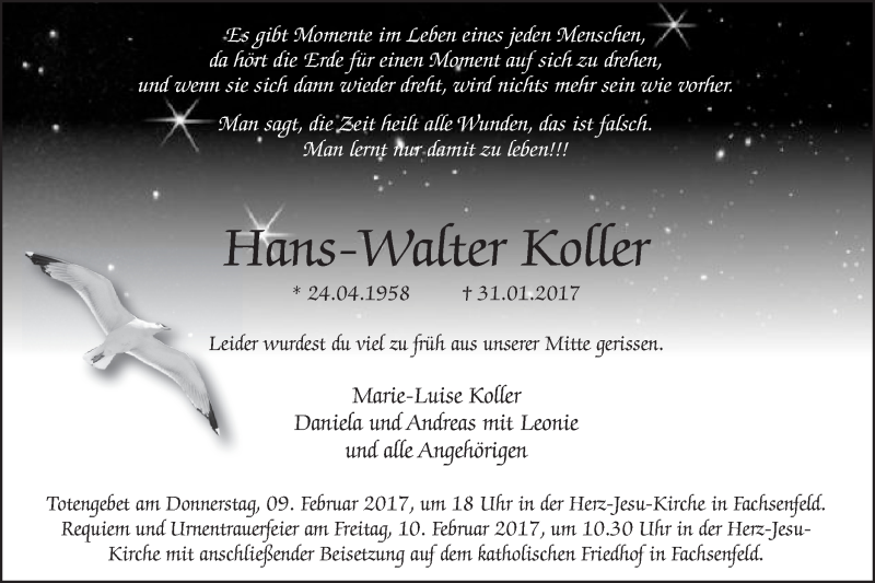 Traueranzeige für Hans-Walter Koller vom 08.02.2017 aus Schwäbische Post