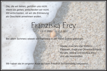Traueranzeige von Franziska Frey von Schwäbische Post