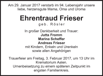 Traueranzeige von Ehrentraud Frieser von Schwäbische Post
