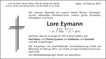 Traueranzeige von Lore Eymann von Schwäbische Post