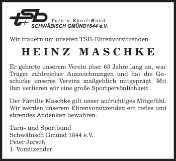 Traueranzeige von Heinz Maschke von Gmünder Tagespost