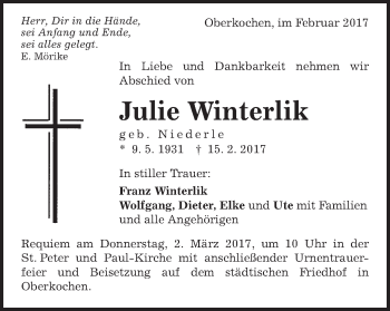 Traueranzeige von Julie Winterlik von Amtsblatt_Oko