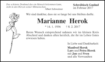 Traueranzeige von Marianne Herok von Gmünder Tagespost