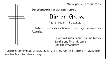 Traueranzeige von Dieter Gross von Gmünder Tagespost