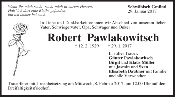 Traueranzeige von Robert Pawlakowitsch  von Gmünder Tagespost