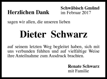 Traueranzeige von Dieter Schwarz von Gmünder Tagespost
