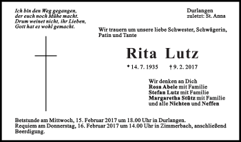 Traueranzeige von Rita Lutz von Gmünder Tagespost