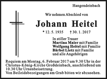Traueranzeige von Johann Heitel  von Gmünder Tagespost