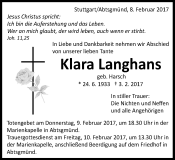Traueranzeige von Klara Langhans von Schwäbische Post