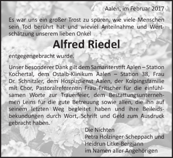 Traueranzeige von Alfred Riedel von Schwäbische Post