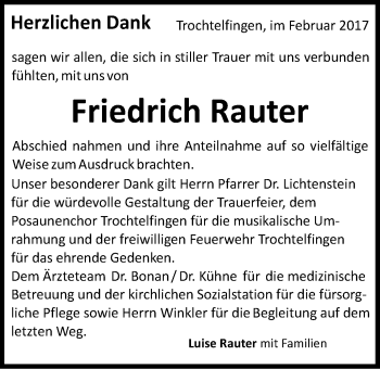 Traueranzeige von Friedrich Rauter von Schwäbische Post