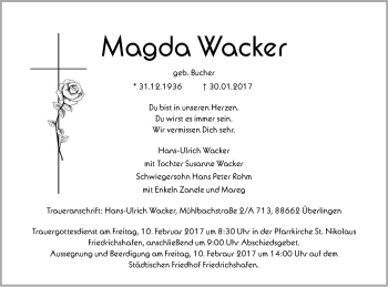 Traueranzeige von Magda Wacker von Gmünder Tagespost