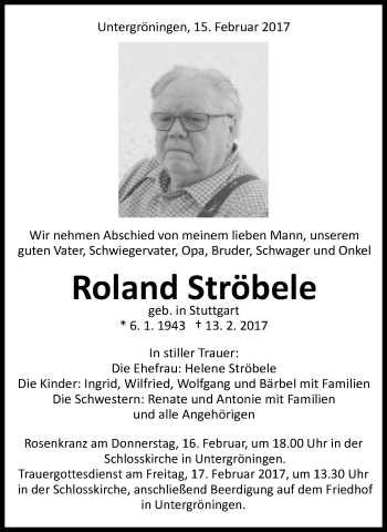 Traueranzeige von Roland Ströbele von Gmünder Tagespost