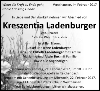 Traueranzeige von Kreszentia Ladenburger von Schwäbische Post