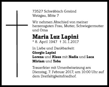 Traueranzeige von Maria Luz Lapini von Gmünder Tagespost